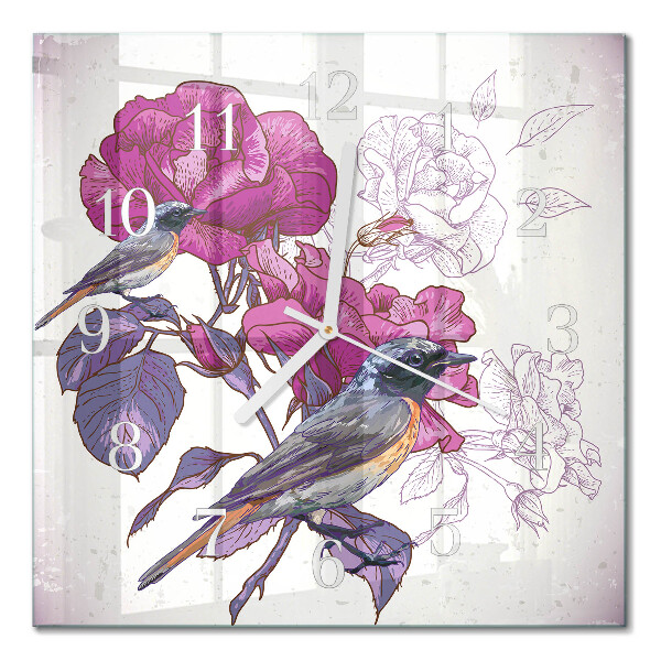 Square kitchen clock Birds and flowers