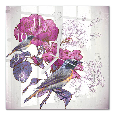 Square kitchen clock Birds and flowers