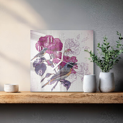 Square kitchen clock Birds and flowers