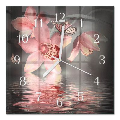 Glass clock square Orchid
