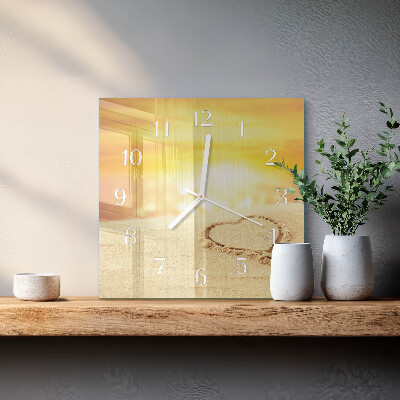 Glass wall clock square Heart in the sand