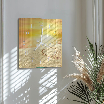 Glass wall clock square Heart in the sand