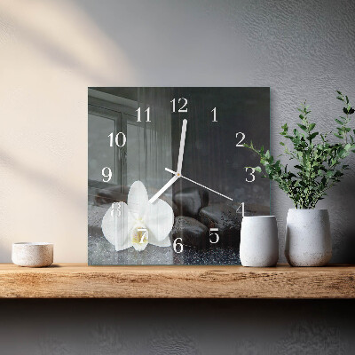 Glass wall clock square Flower and stones