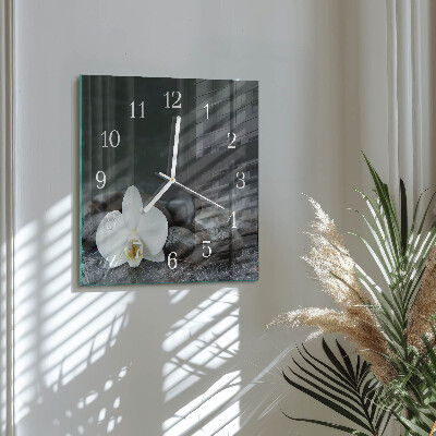 Glass wall clock square Flower and stones