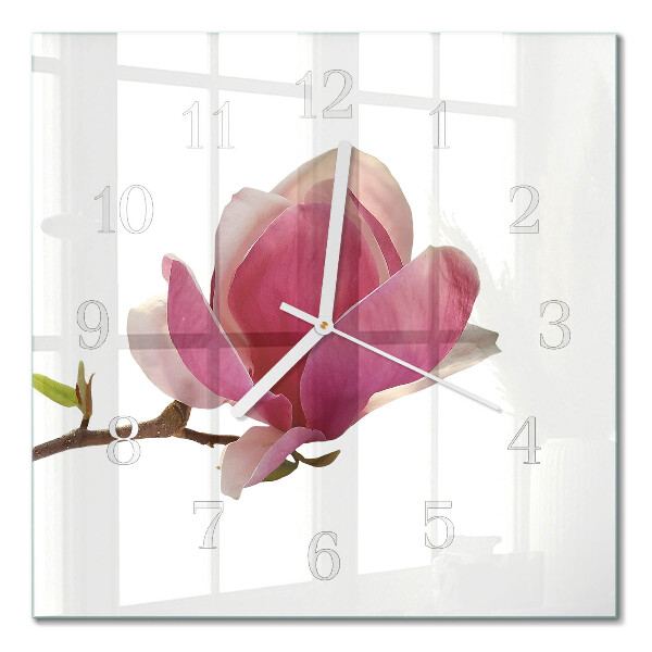 Glass clock square Magnolia flower