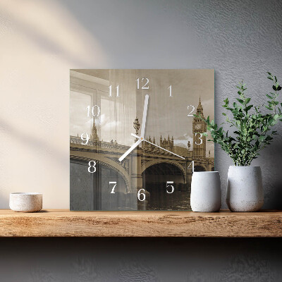 Glass wall clock square Bridge in sepia