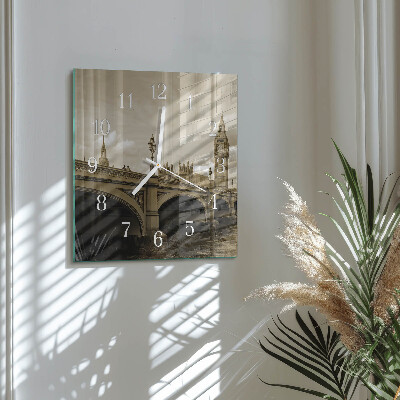 Glass wall clock square Bridge in sepia