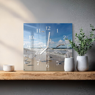 Glass wall clock square Seagulls on the beach