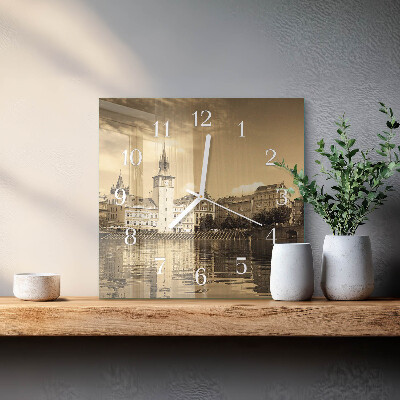 Glass clock square Castle in sepia