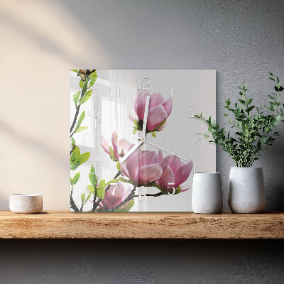 Glass clock square Magnolia flower