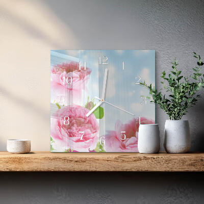 Glass clock square Peonies