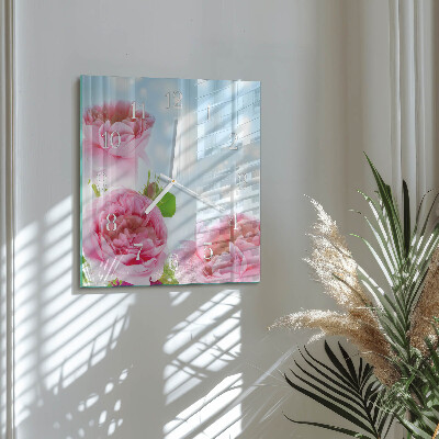 Glass clock square Peonies