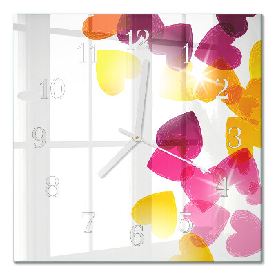 Glass wall clock square Colorful hearts