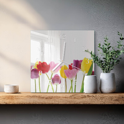 Square wall clock Colorful tulips