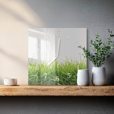 Glass clock square Grass
