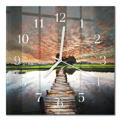 Glass wall clock square Bridge in the meadow