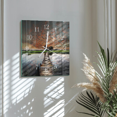 Glass wall clock square Bridge in the meadow