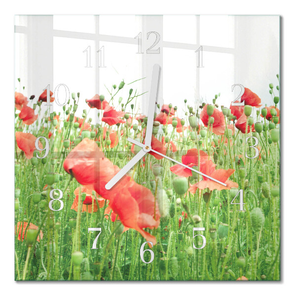 Glass wall clock square Poppies