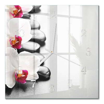 Glass wall clock square Stones and orchid