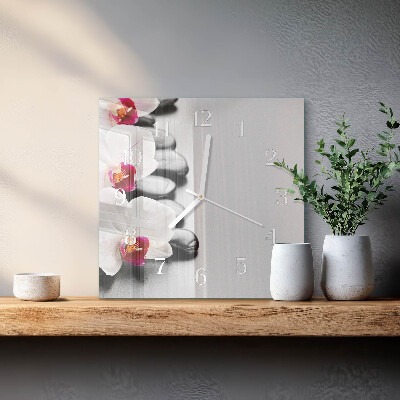 Glass wall clock square Stones and orchid