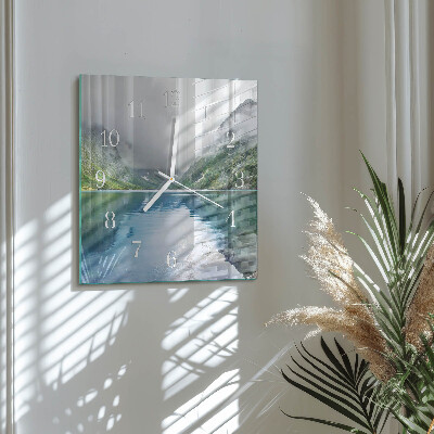 Glass wall clock square Mountain lake