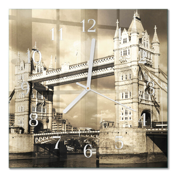 Glass wall clock square London bridge in sepia