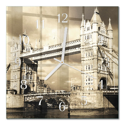 Glass wall clock square London bridge in sepia
