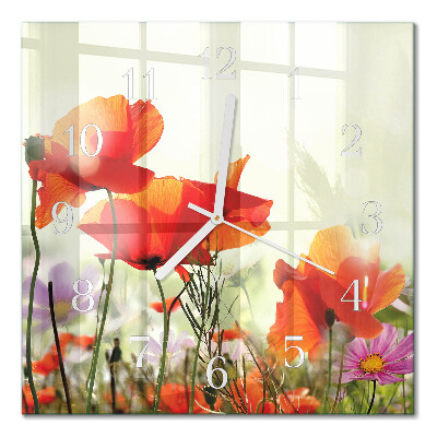 Glass clock square Poppies