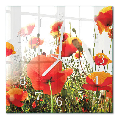 Glass wall clock square Poppies
