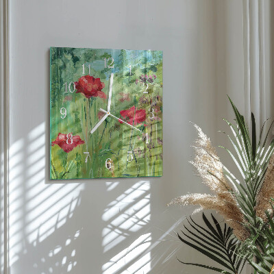 Glass wall clock square Poppies