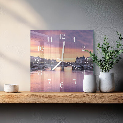 Glass wall clock square A city on the river
