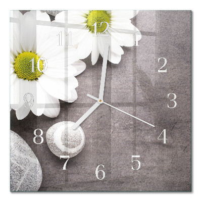 Glass wall clock square Flowers and stones