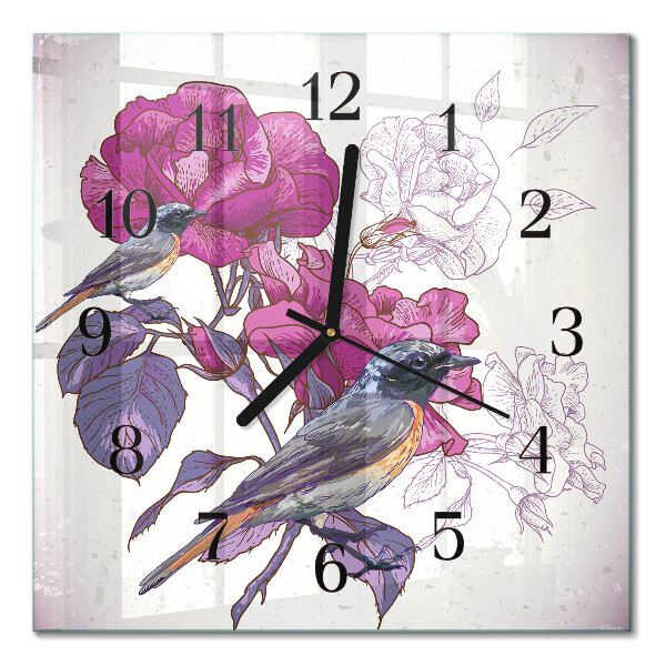 Glass wall clock square Birds and flowers