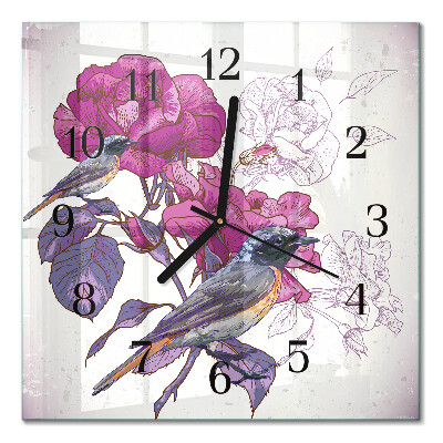 Glass wall clock square Birds and flowers
