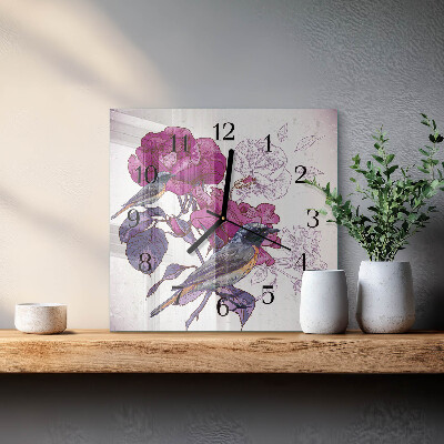 Glass wall clock square Birds and flowers