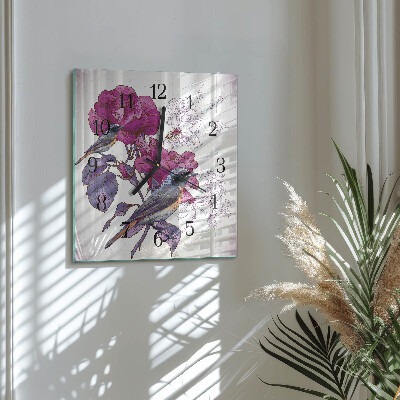 Glass wall clock square Birds and flowers