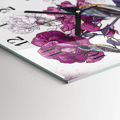 Glass wall clock square Birds and flowers