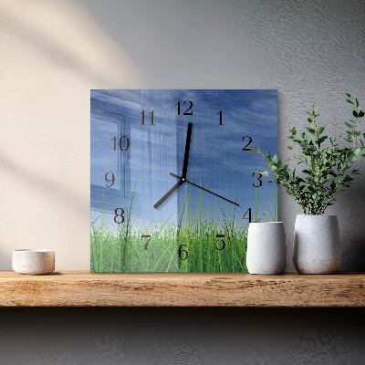 Glass clock square Grass