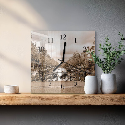 Glass wall clock square Amsterdam in sepia