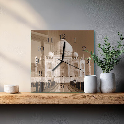 Glass wall clock square Taj Mahal in sepia