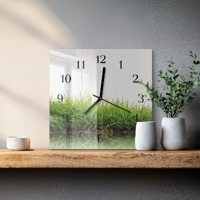 Glass clock square Grass
