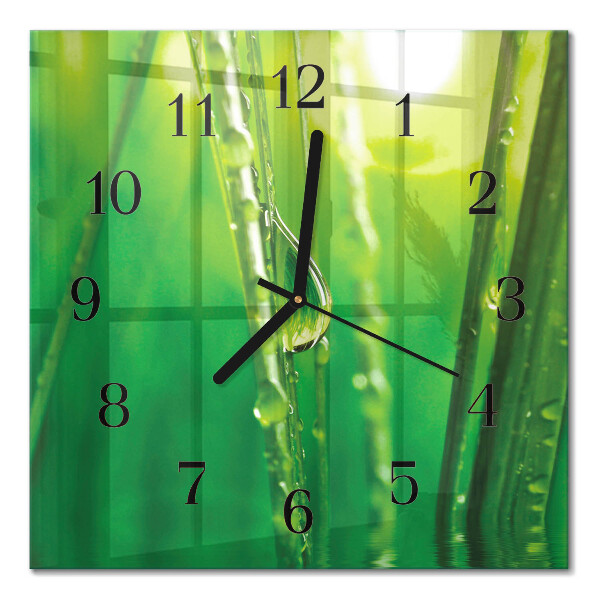 Glass wall clock square Drops on the grass