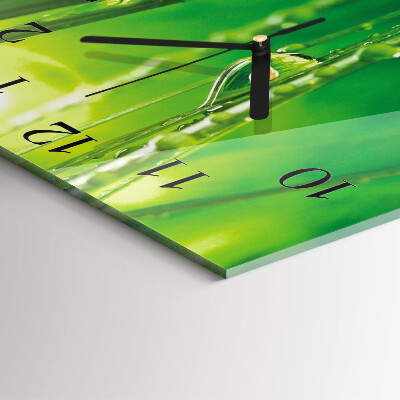 Glass wall clock square Drops on the grass