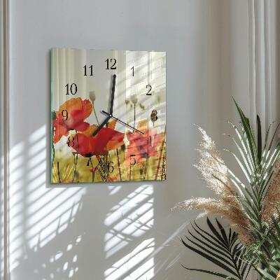 Glass clock square Poppies