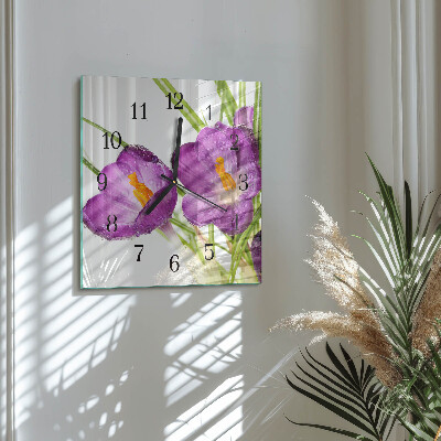 Glass clock square Crocuses