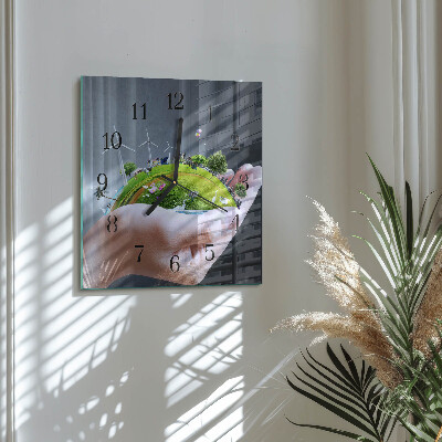 Square kitchen clock Earth in the hand