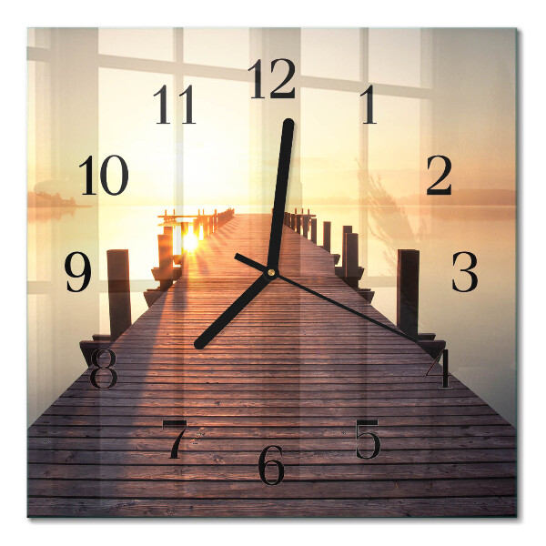Glass wall clock square Bridge over the lake