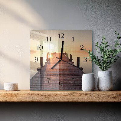 Glass wall clock square Bridge over the lake