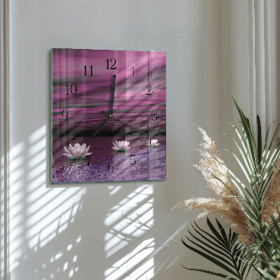 Glass clock square Water lilies