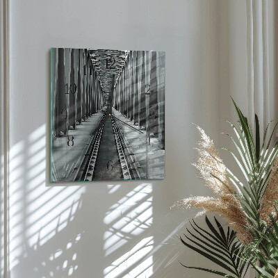Glass wall clock square Railway tracks
